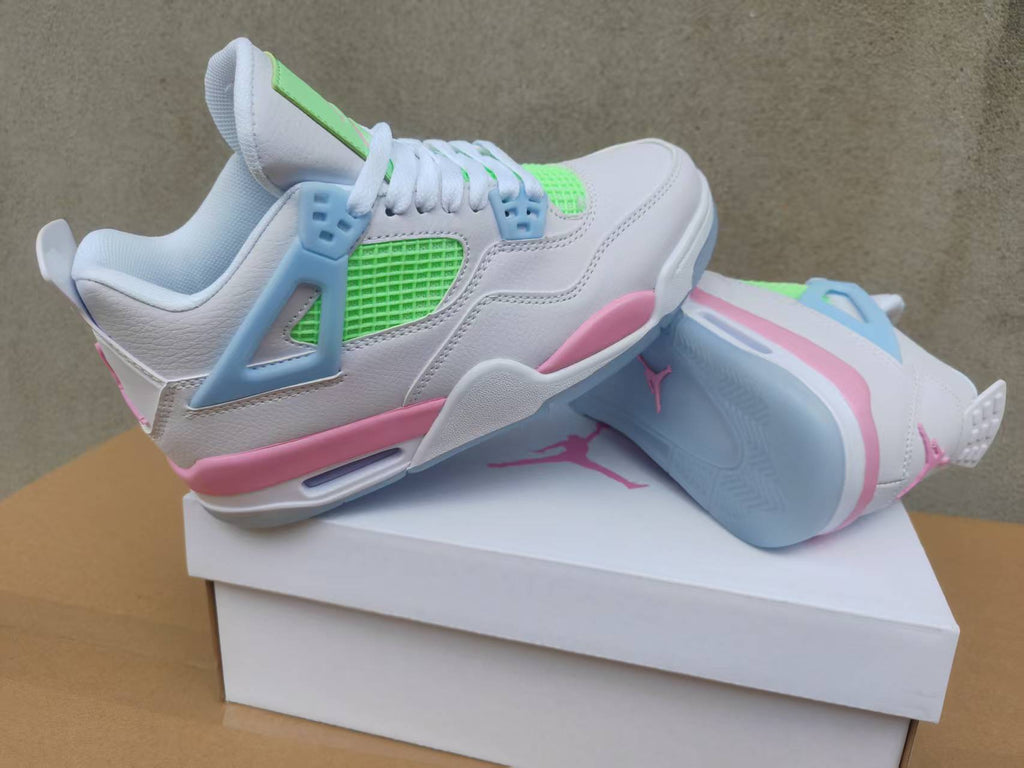 Air Jordan 4 White Sneakers with Pink, Blue & Green Accents