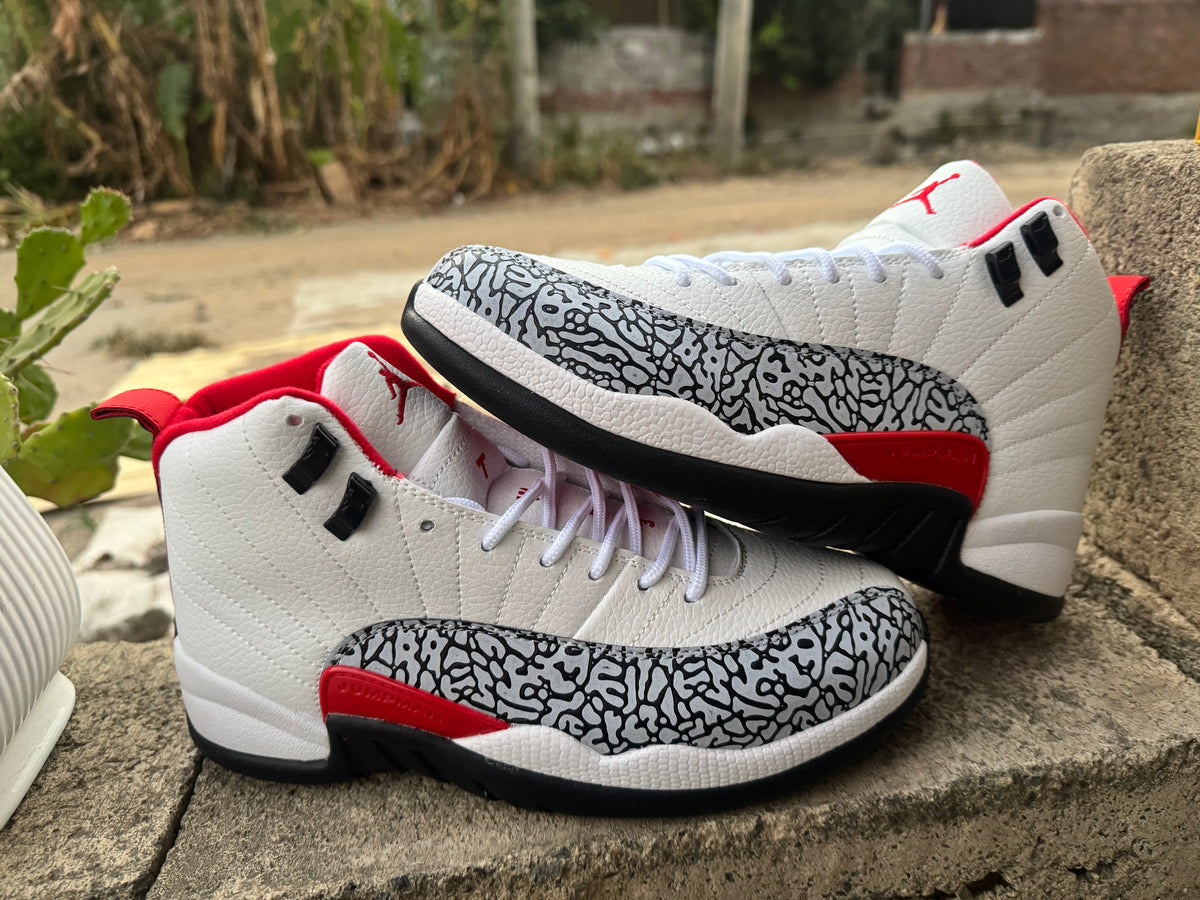 Air Jordan 12 Retro Sneakers – White, Black & Red Crackle Print