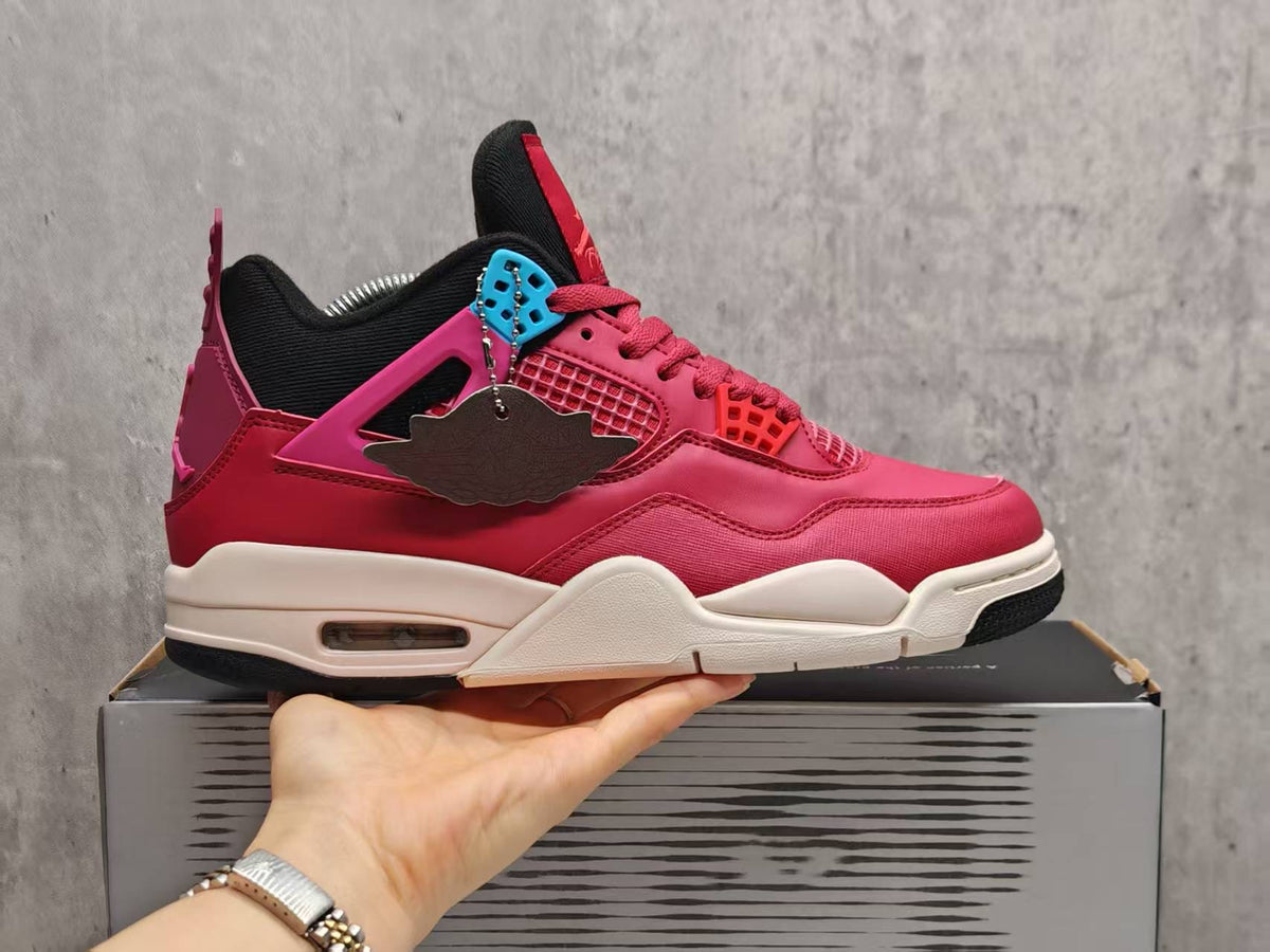 Air Jordan 4 Red Sneakers with Pink & Turquoise Accents