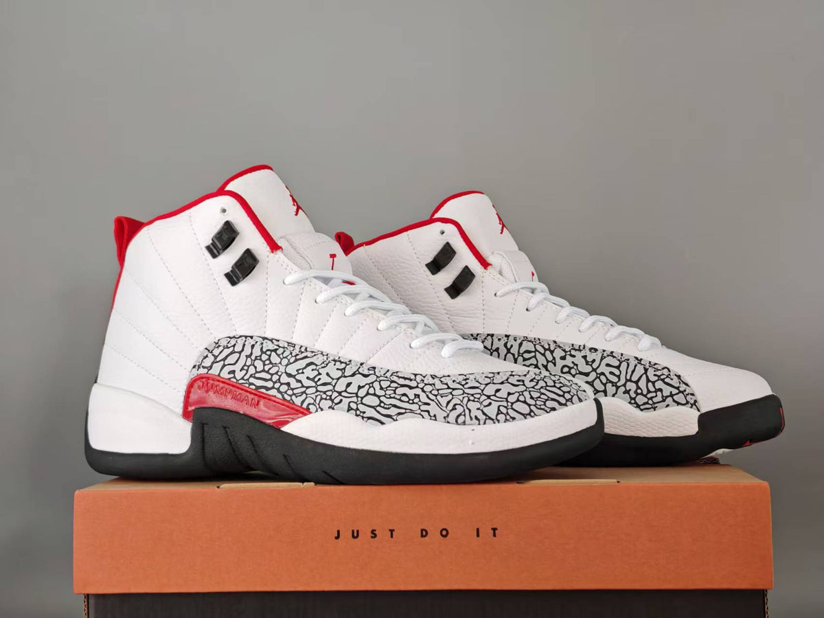 Air Jordan 12 Retro Sneakers – White & Red Crackle Print