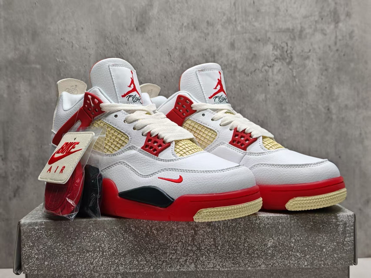 Air Jordan 4 White & Red Sneakers with Cream Details
