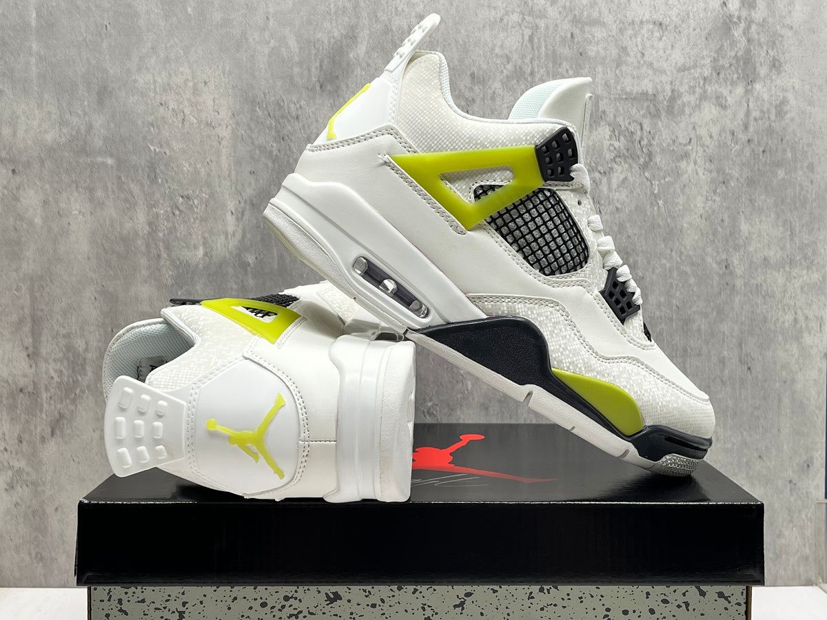 Air Jordan 4 Retro White Black & Neon Yellow Sneakers