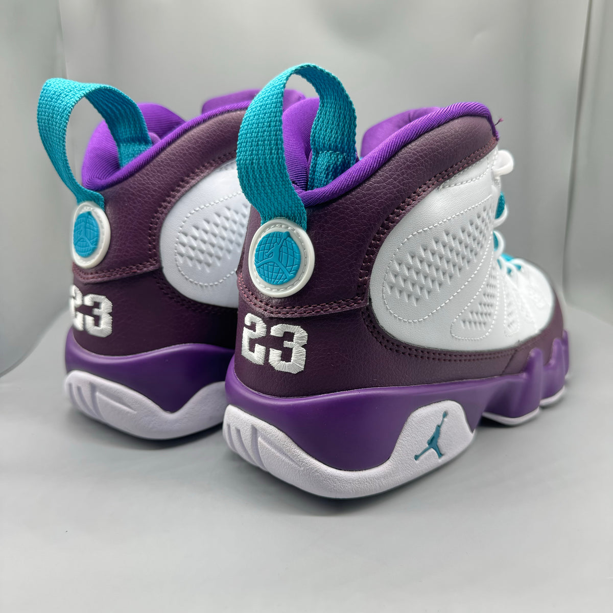 Air Jordan 9 White & Purple High-Top Sneakers with Teal Accents