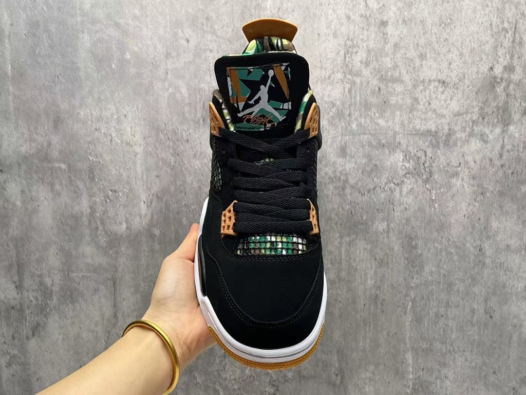 Air Jordan 4 Black & Tan Sneakers with Green Print Details