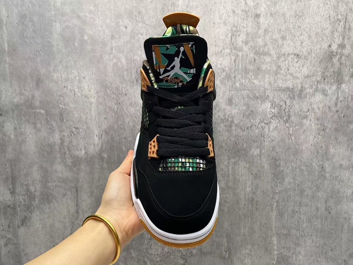 Air Jordan 4 Black & Tan Sneakers with Green Print Details