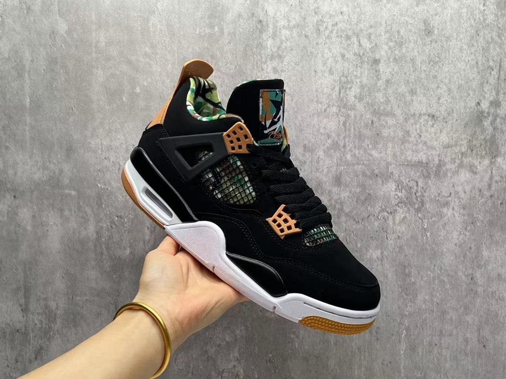 Air Jordan 4 Black & Tan Sneakers with Green Print Details