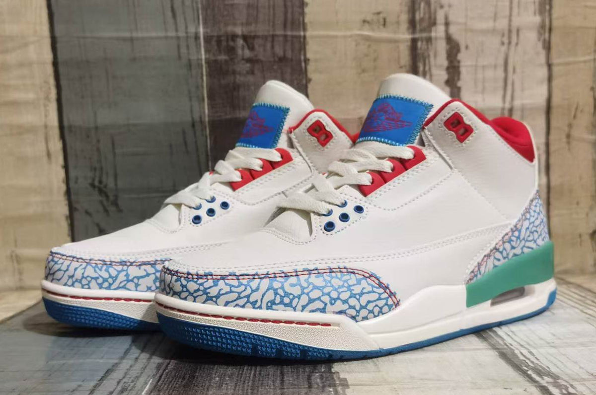 Air Jordan 3 Off-White & Blue Sneakers with Red & Green Accents