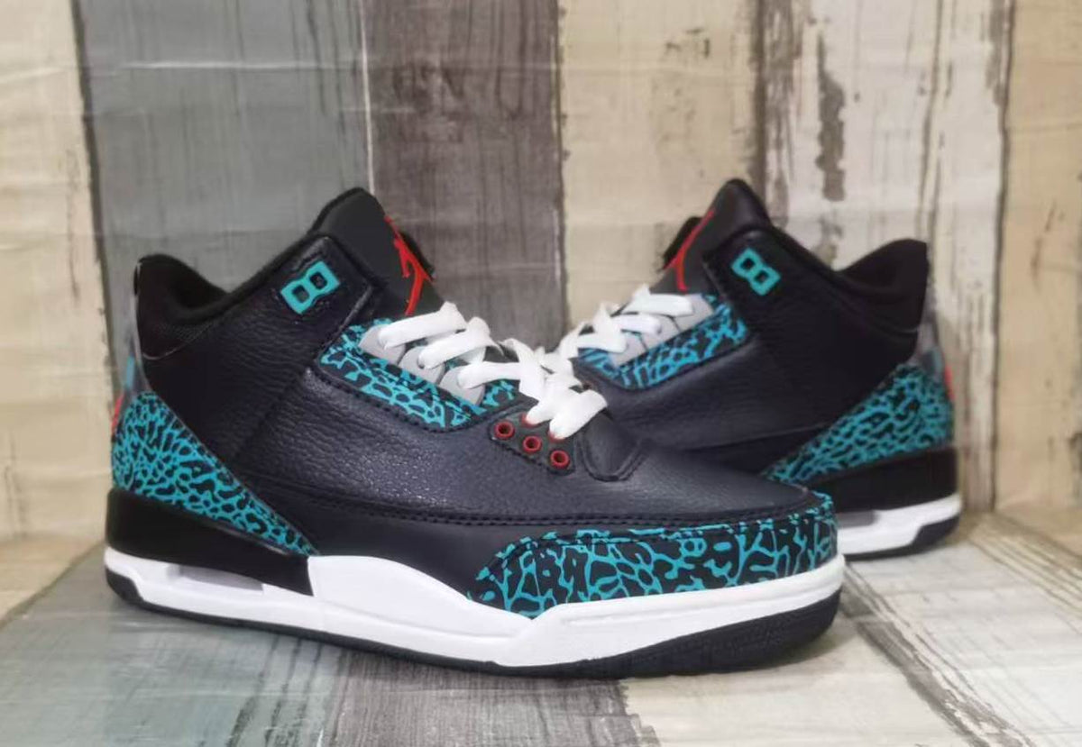 Air Jordan 3 Black & Teal Elephant-Print Sneakers