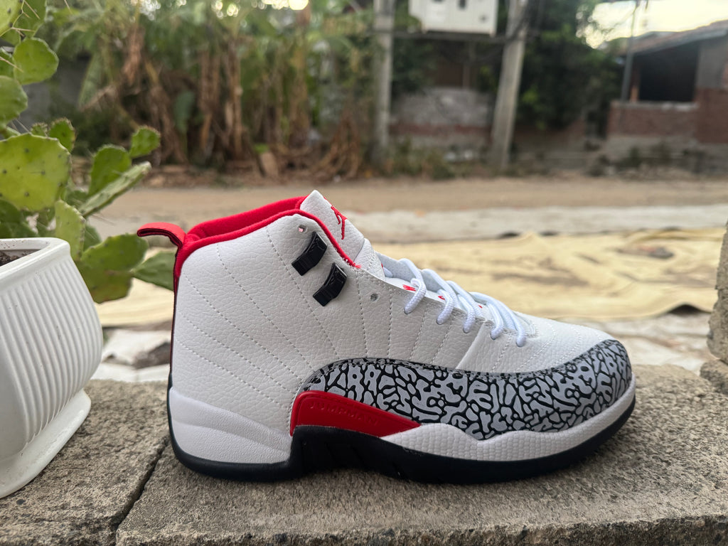 Air Jordan 12 Retro Sneakers – White, Black & Red Crackle Print