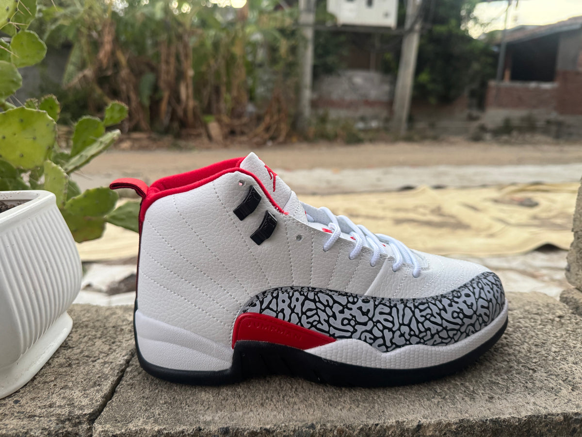 Air Jordan 12 Retro Sneakers – White, Black & Red Crackle Print