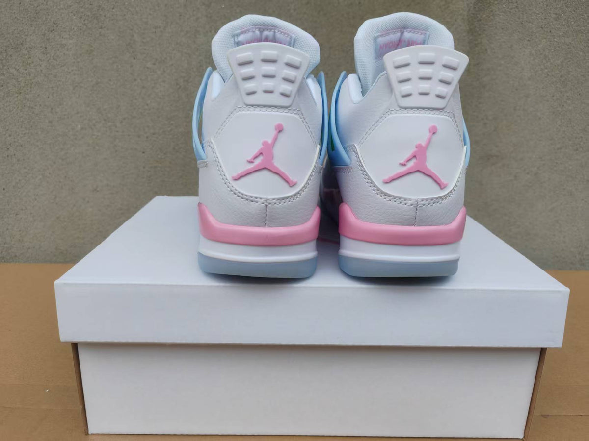 Air Jordan 4 White Sneakers with Pink, Blue & Green Accents