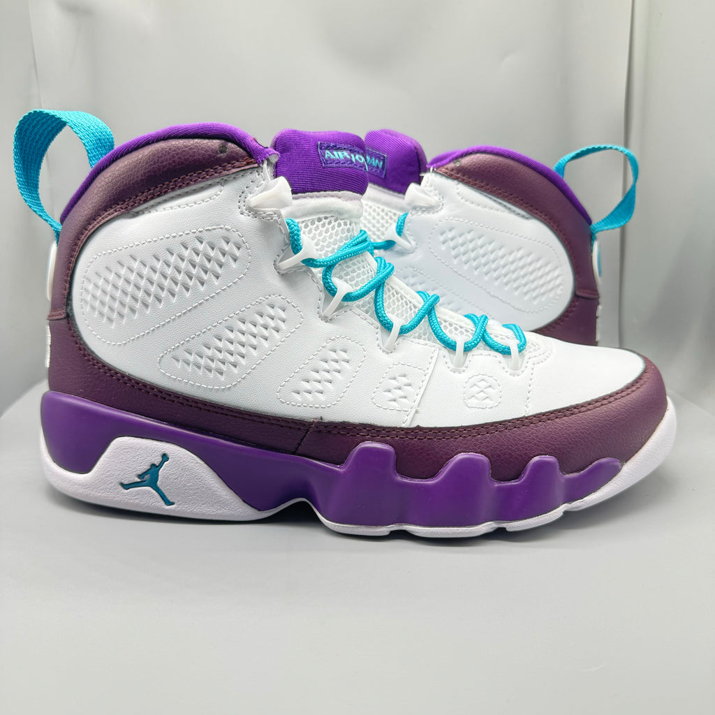 Air Jordan 9 White & Purple High-Top Sneakers with Teal Accents
