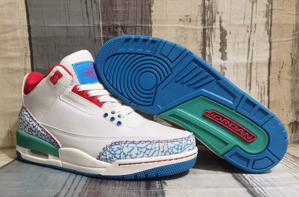 Air Jordan 3 Off-White & Blue Sneakers with Red & Green Accents
