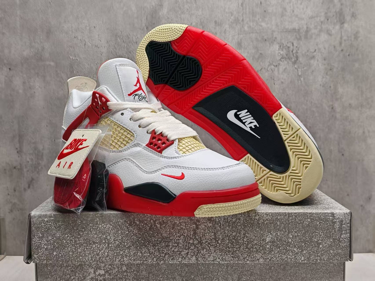 Air Jordan 4 White & Red Sneakers with Cream Details
