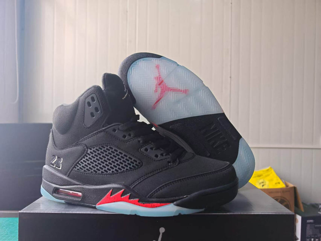 Air Jordan 5 Black Sneakers with Red & Icy Blue Details