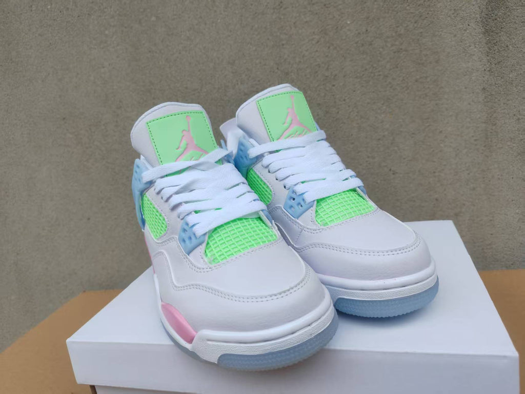 Air Jordan 4 White Sneakers with Pink, Blue & Green Accents