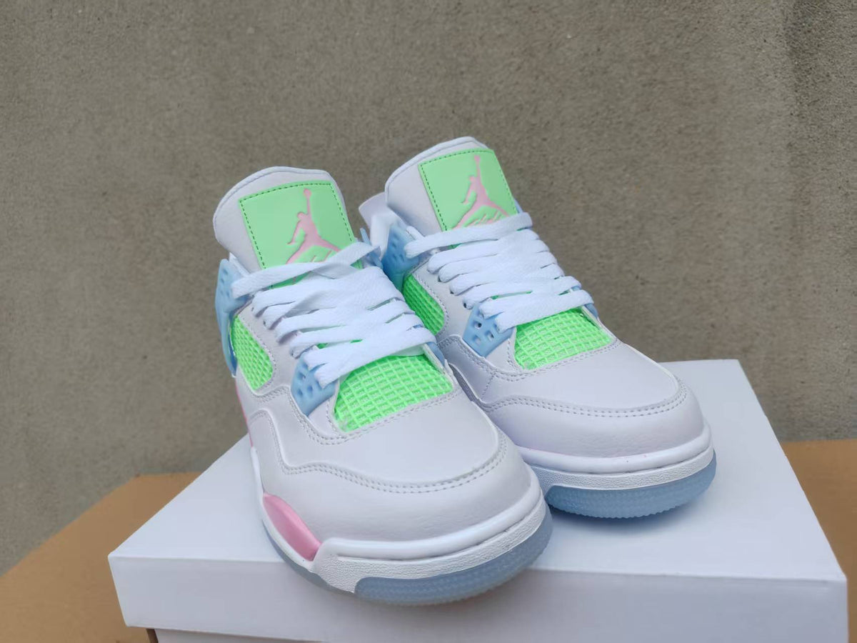 Air Jordan 4 White Sneakers with Pink, Blue & Green Accents