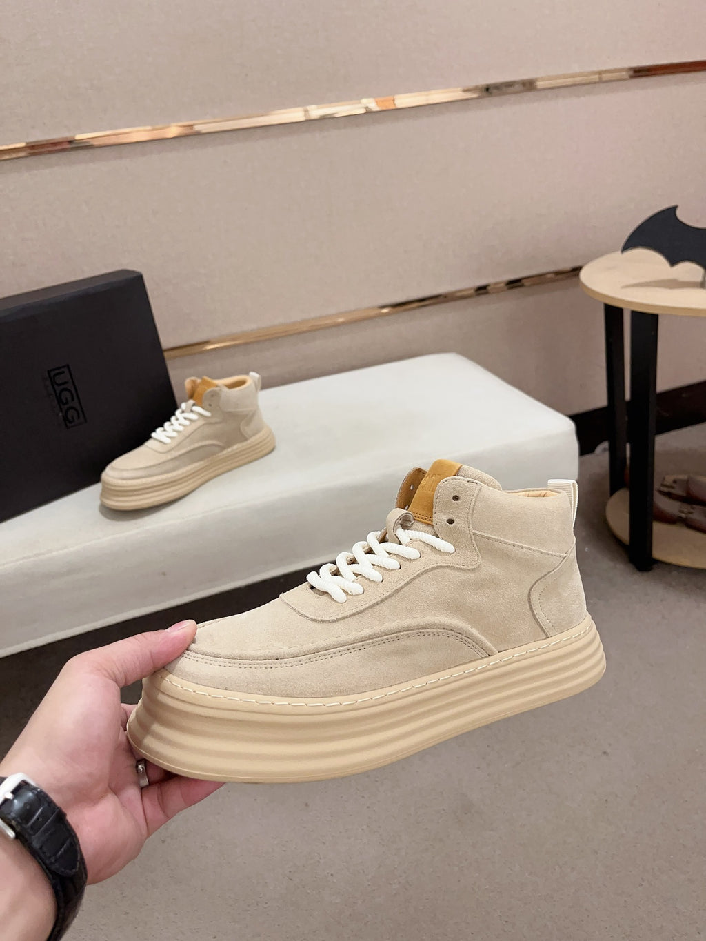 UGG Cream High-Top Ribbed-Platform Sneakers