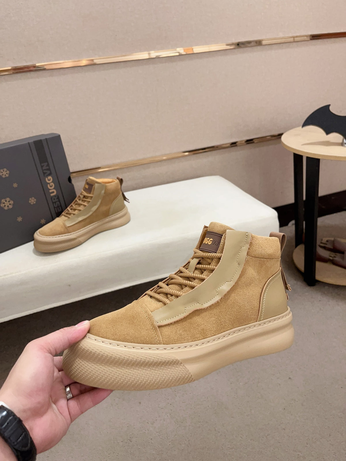 UGG Tan Contrast-Panel High-Top Platform Sneakers