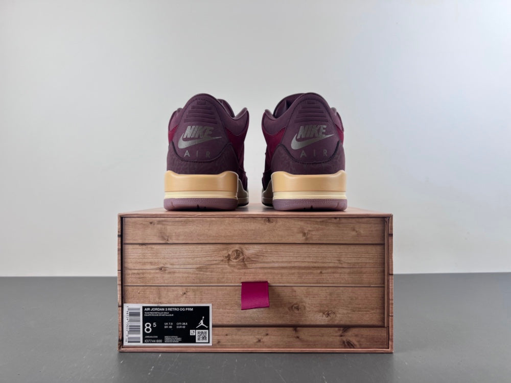 Air Jordan 3 Burgundy Sneakers with Cream Midsole Details