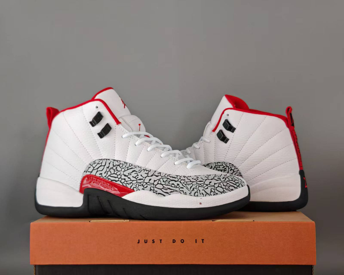 Air Jordan 12 Retro Sneakers – White & Red Crackle Print