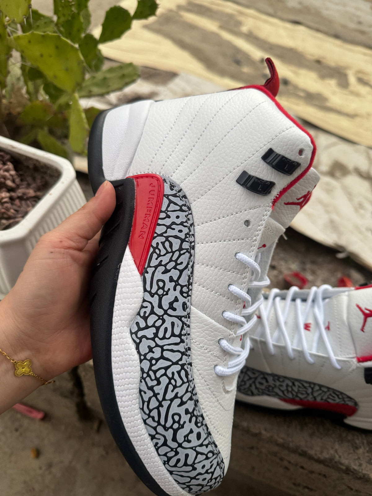 Air Jordan 12 Retro Sneakers – White, Black & Red Crackle Print