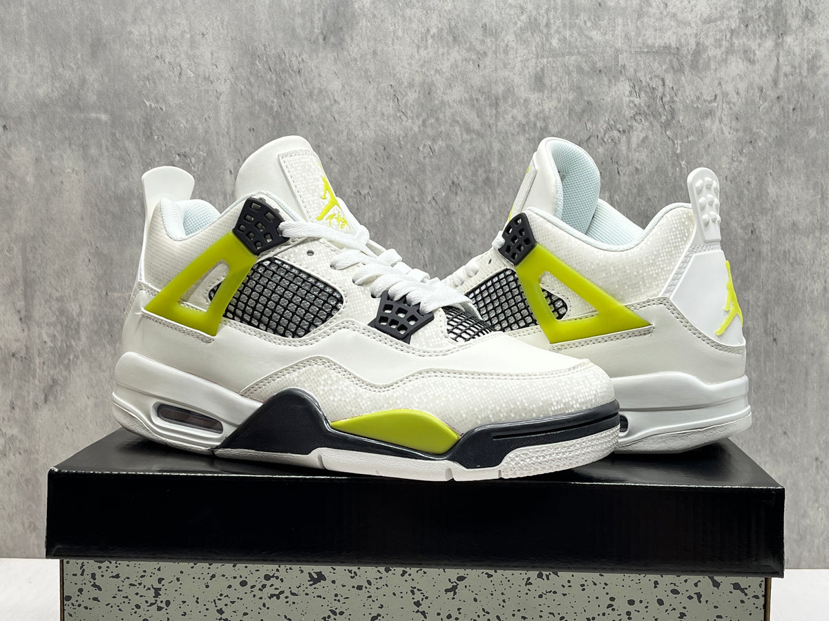 Air Jordan 4 Retro White Black & Neon Yellow Sneakers