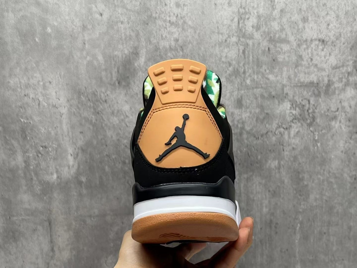 Air Jordan 4 Black & Tan Sneakers with Green Print Details