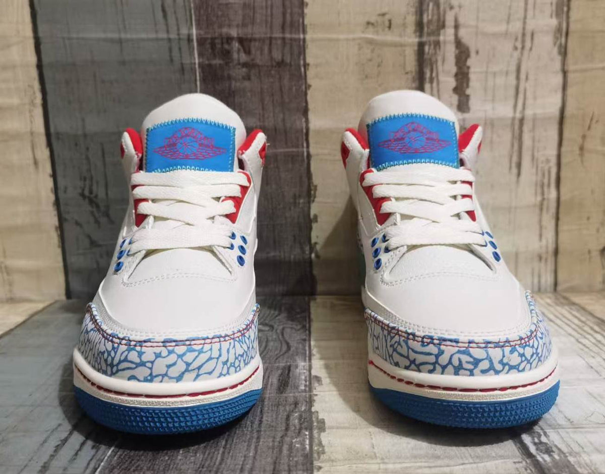 Air Jordan 3 Off-White & Blue Sneakers with Red & Green Accents