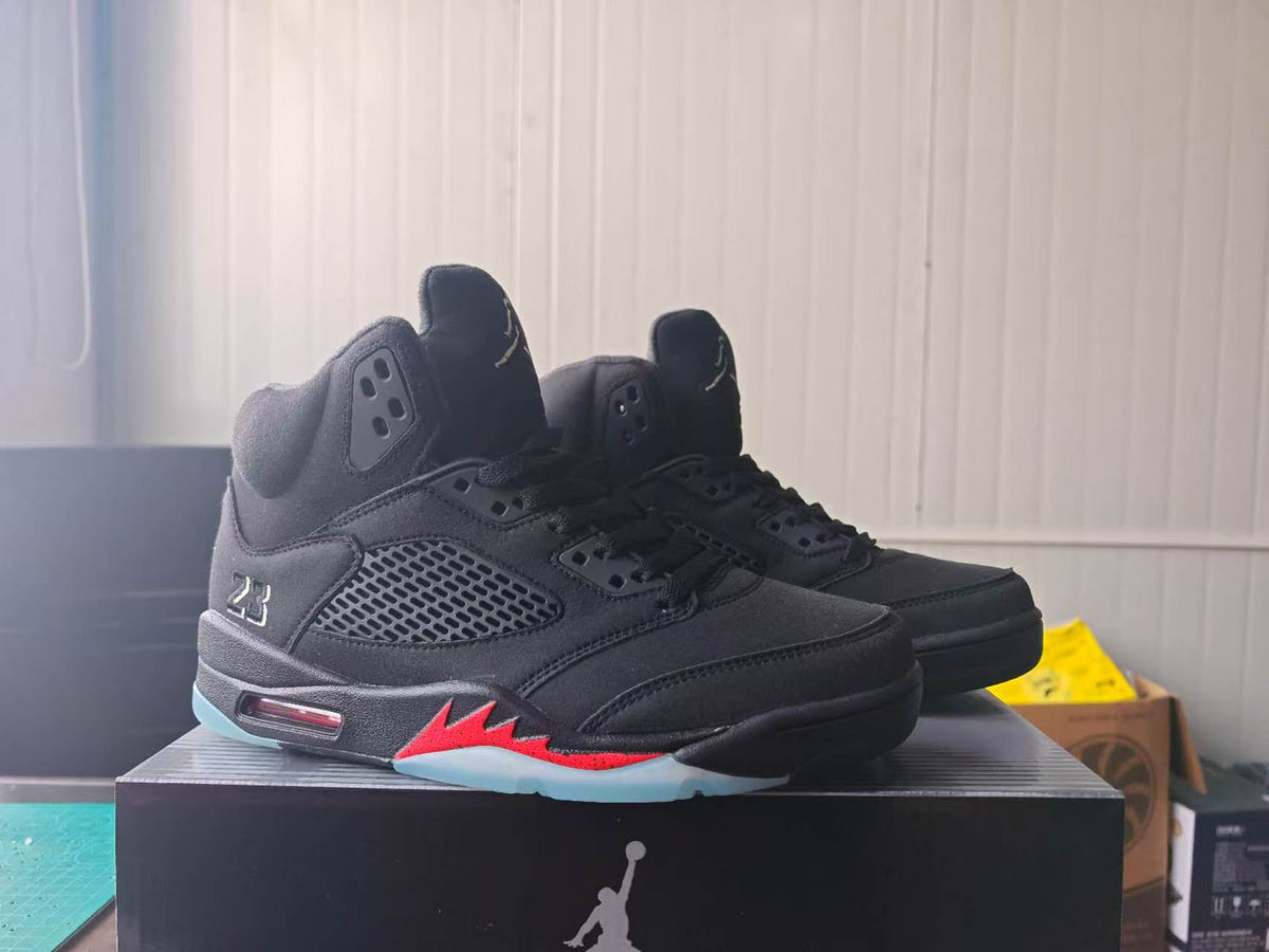 Air Jordan 5 Black Sneakers with Red & Icy Blue Details