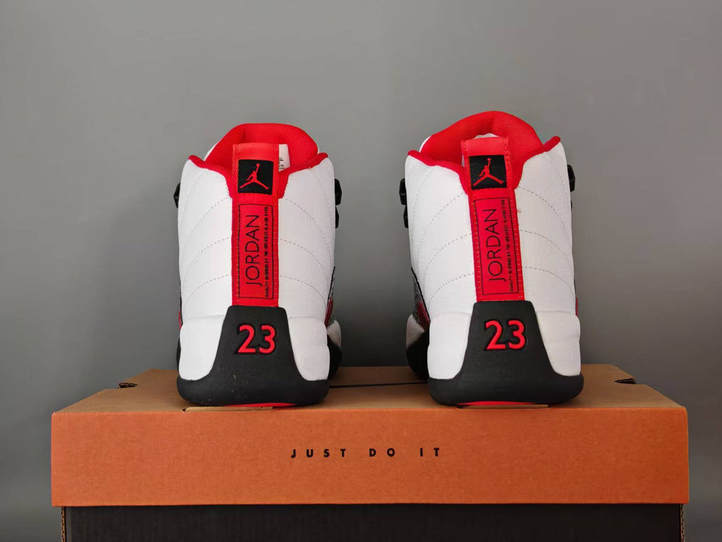 Air Jordan 12 Retro Sneakers – White & Red Crackle Print